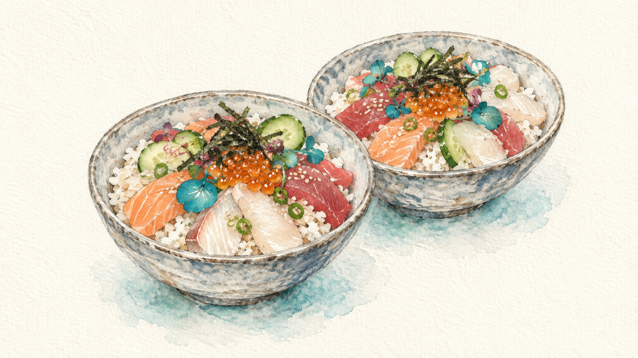 Analytics Starter, illustrated as two chirashi bowls in pencil and watercolor with a cool cyan accent.