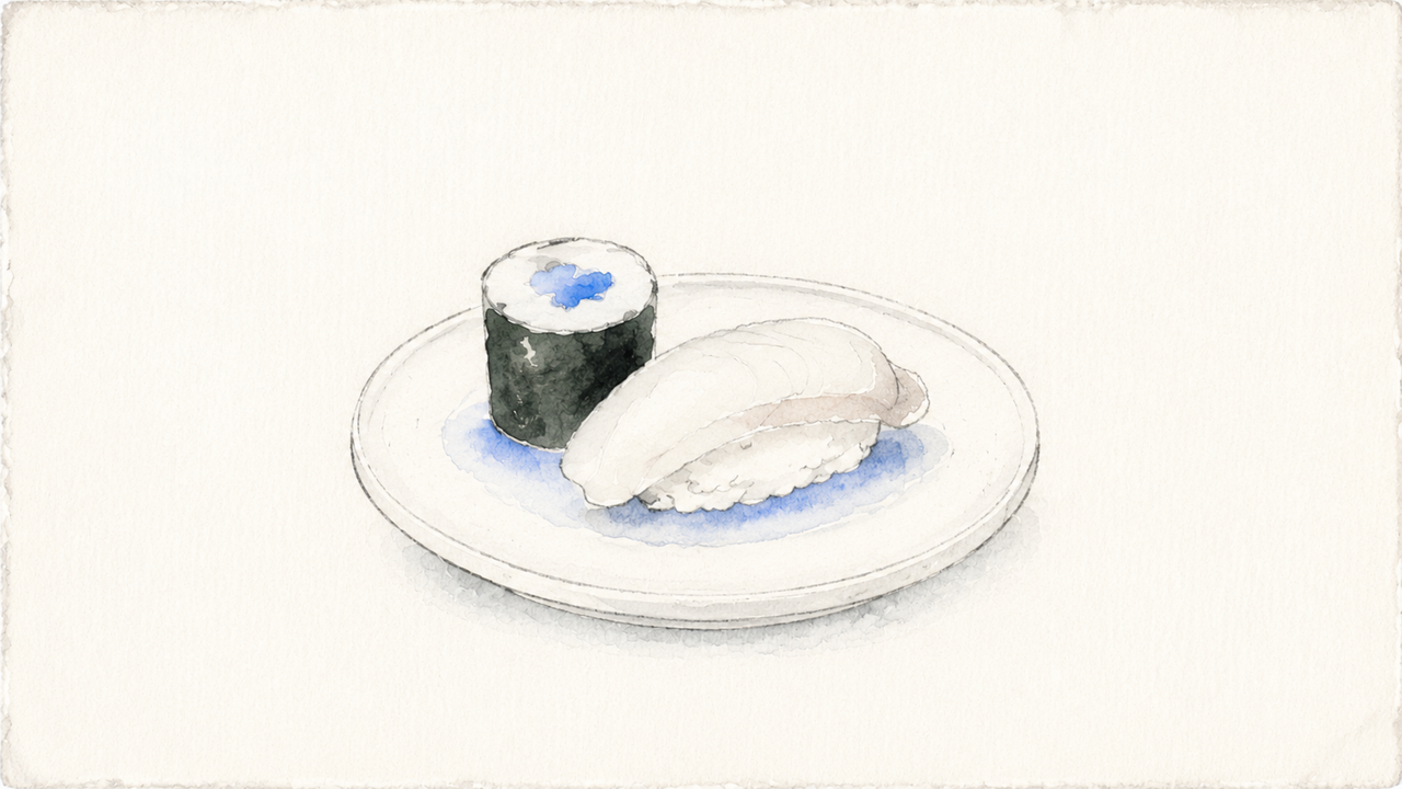 A small plain ceramic plate holds exactly two close-set sushi pieces in a sparse three-quarter graphite drawing - one thin dark-nori hosomaki with a blue center and one forward-facing nigiri with a muted topping over warm rice - above one soft translucent blue watercolor wash on warm white textured paper.