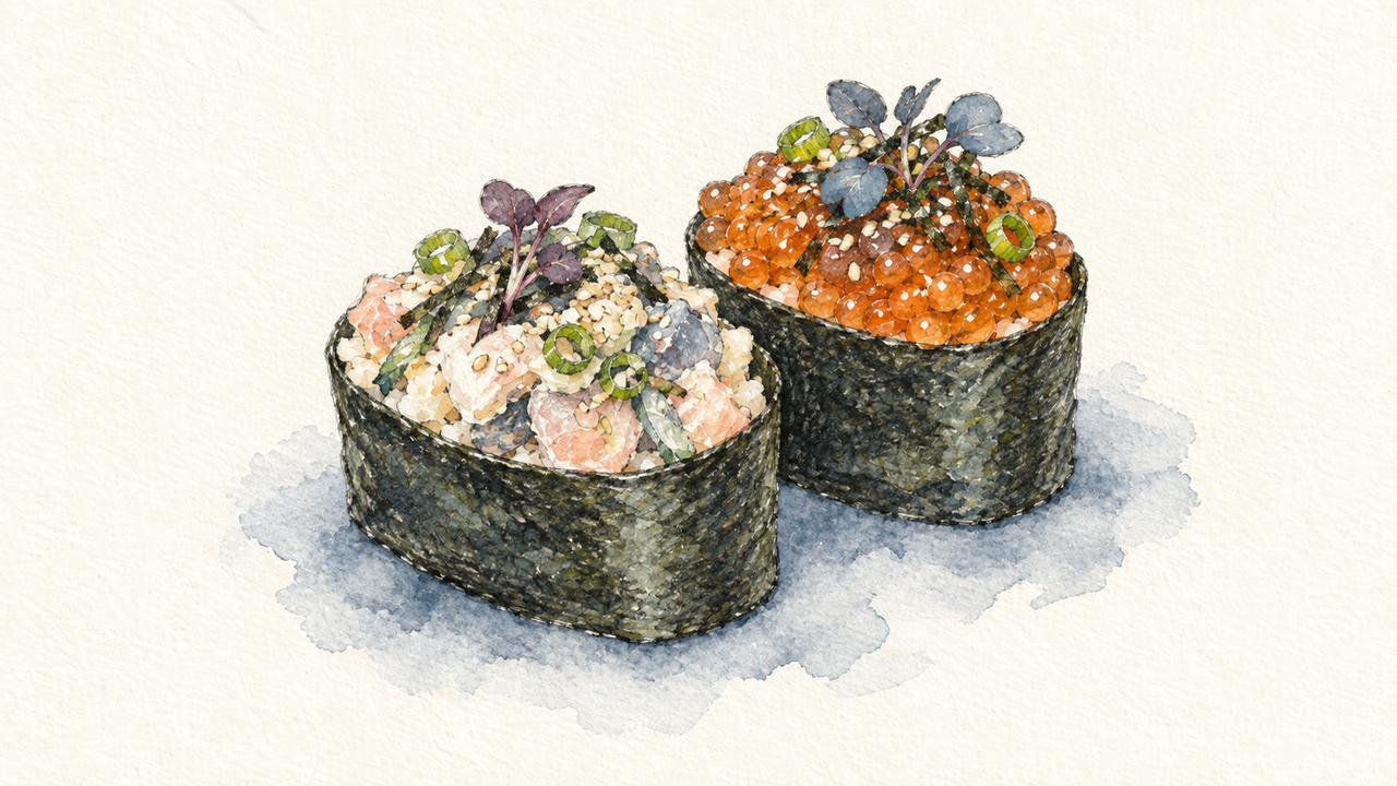 Conscience, illustrated as two gunkanmaki battleship sushi pieces in pencil and watercolor with a slate accent.