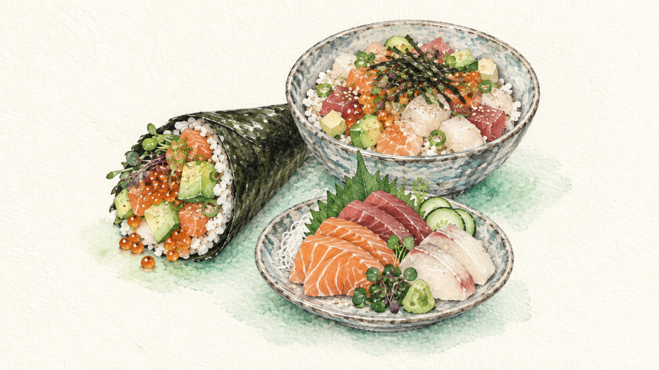 Dev Workspace, illustrated as a temaki cone, chirashi bowl, and sashimi fan in pencil and watercolor with a green accent.