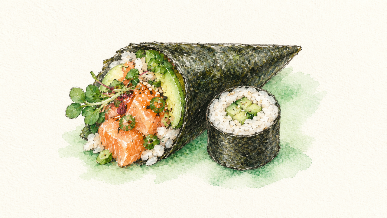 Flow Builder, illustrated as a temaki cone beside a hosomaki round in pencil and watercolor with a green accent.