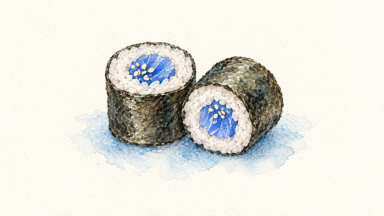 Fast Inference, illustrated as two hosomaki rounds in pencil and watercolor with a blue accent.