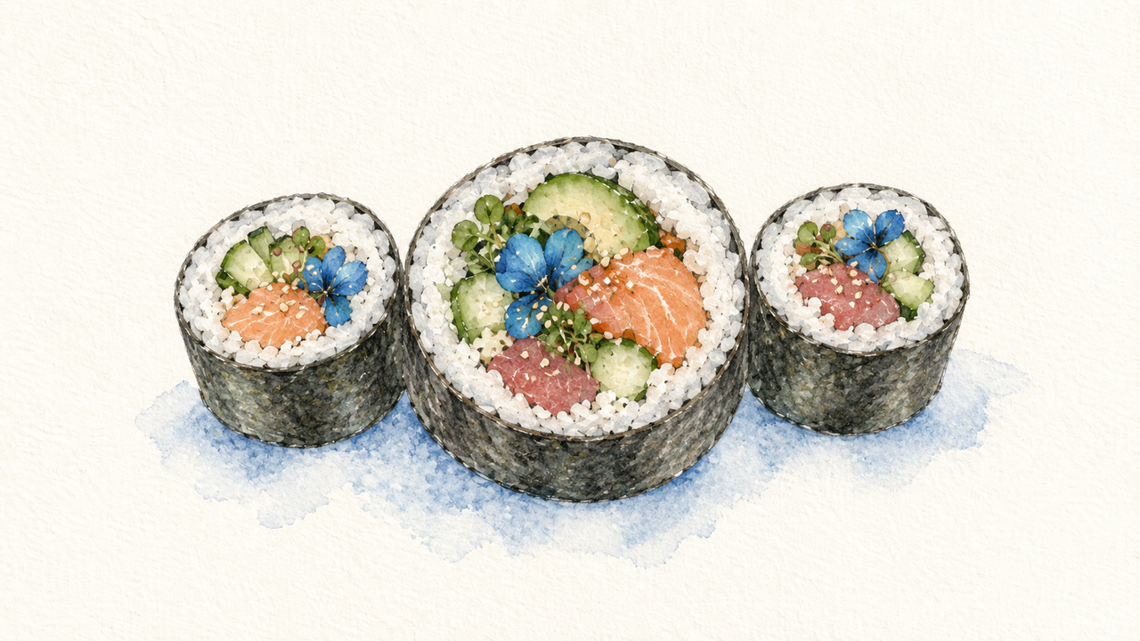 Knowledge RAG, illustrated as two hosomaki rounds and one larger futomaki round in pencil and watercolor with a blue accent.