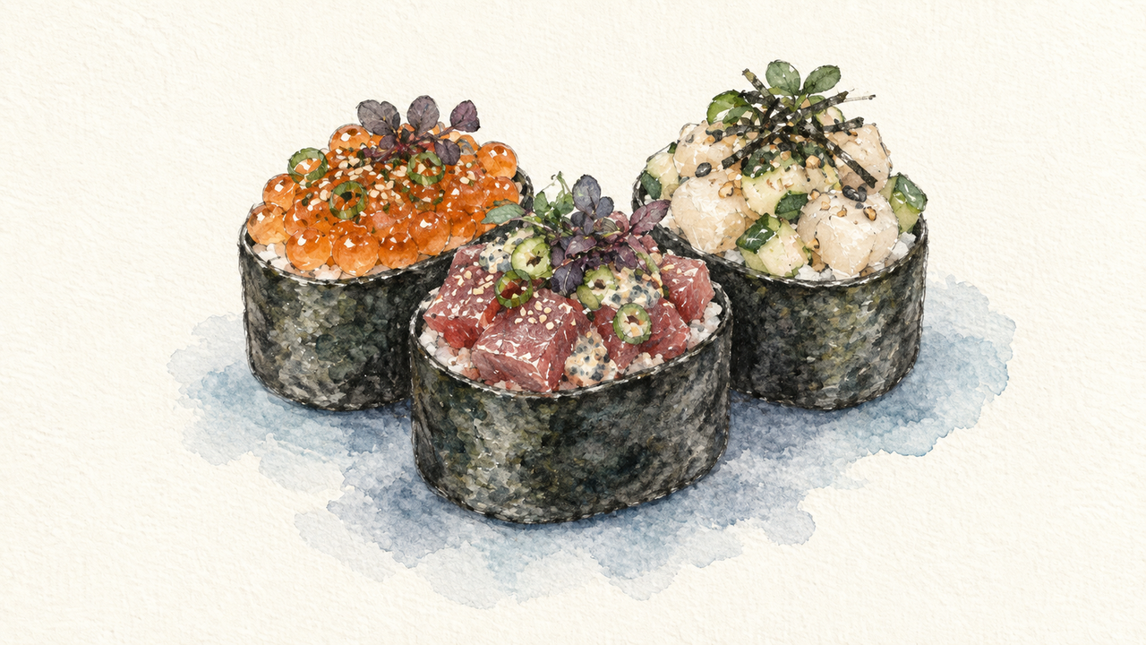 Security Core, illustrated as three gunkanmaki battleship sushi pieces in pencil and watercolor with a slate accent.
