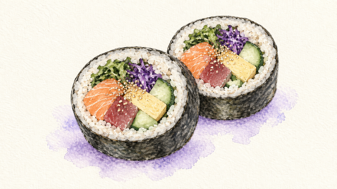 Storage Essentials, illustrated as two futomaki rounds in pencil and watercolor with a violet accent.