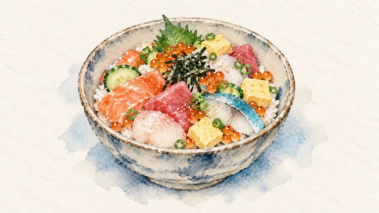 Chirashi family watercolor illustration. Shallow bowl of sushi rice scattered with sliced toppings; a bowl, not a roll.