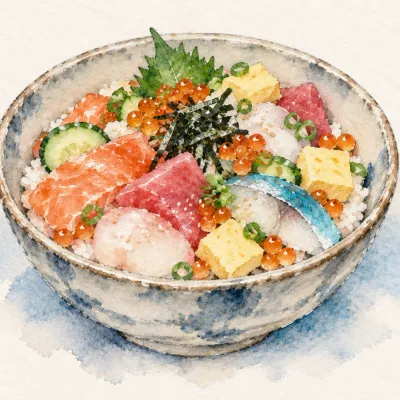 Chirashi family watercolor illustration. Shallow bowl of sushi rice scattered with sliced toppings; a bowl, not a roll.
