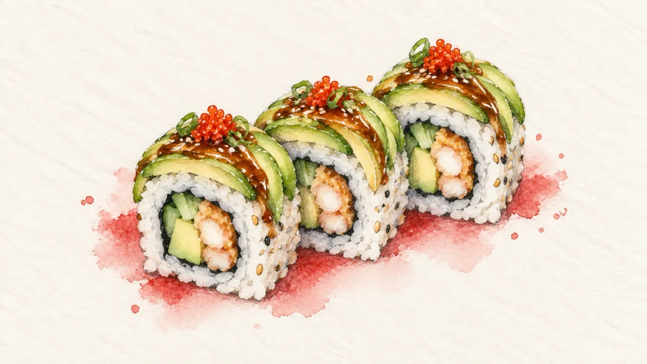 Dragon family watercolor illustration. Dragon roll: uramaki under overlapping avocado or eel slices arranged like scales.