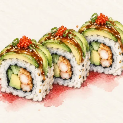 Dragon family watercolor illustration. Dragon roll: uramaki under overlapping avocado or eel slices arranged like scales.
