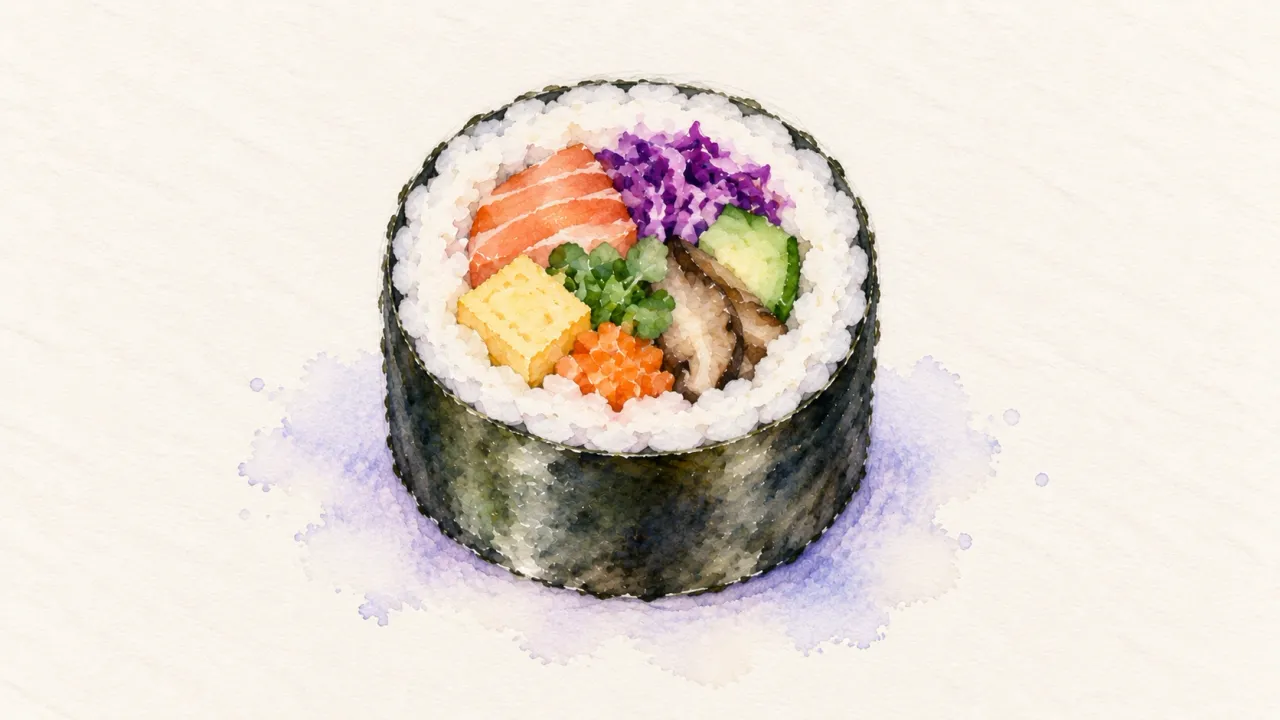 Futomaki family watercolor illustration. Fat roll, 5 cm or larger, nori outside, several fillings visible as a mosaic cross-section.