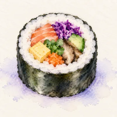 Futomaki family watercolor illustration. Fat roll, 5 cm or larger, nori outside, several fillings visible as a mosaic cross-section.