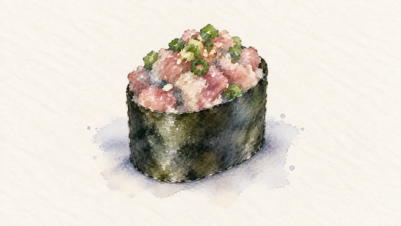 Gunkanmaki family watercolor illustration. Battleship form: rice oval belted with a nori wall and loose topping heaped on top.