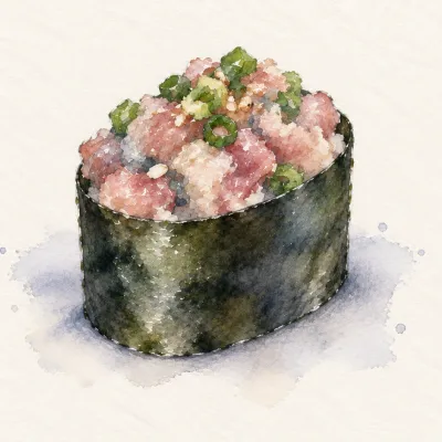 Gunkanmaki family watercolor illustration. Battleship form: rice oval belted with a nori wall and loose topping heaped on top.