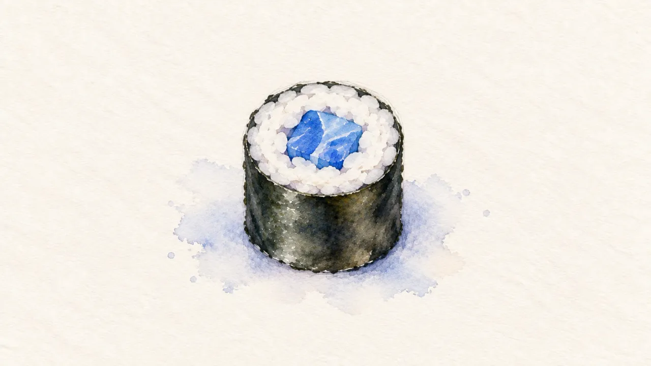 Hosomaki family watercolor illustration. Thin roll, about 2.5 cm, nori outside, one filling; cut rounds standing.