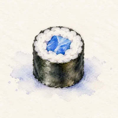 Hosomaki family watercolor illustration. Thin roll, about 2.5 cm, nori outside, one filling; cut rounds standing.