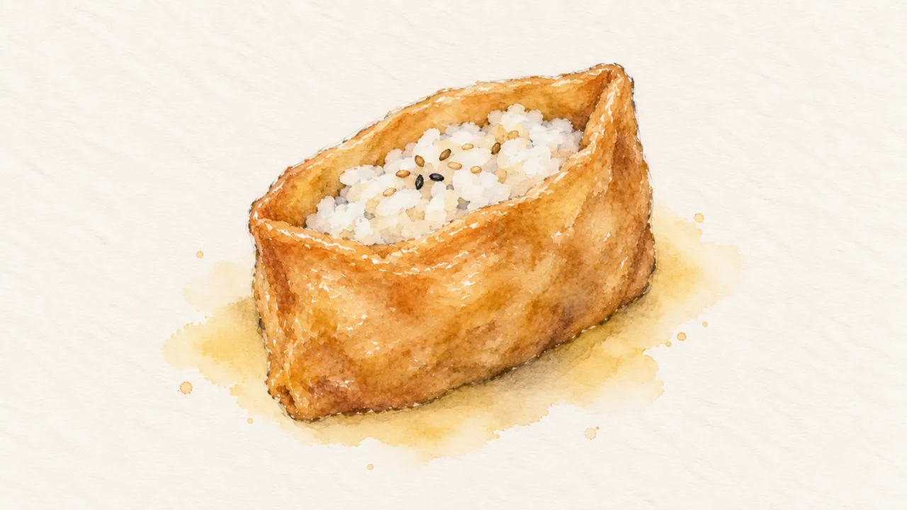 Inari family watercolor illustration. Pouch of sweet fried tofu stuffed with rice and folded at the top.