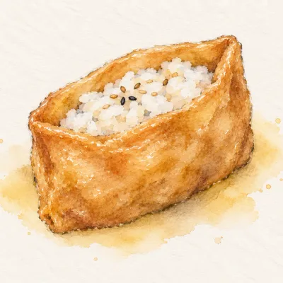 Inari family watercolor illustration. Pouch of sweet fried tofu stuffed with rice and folded at the top.