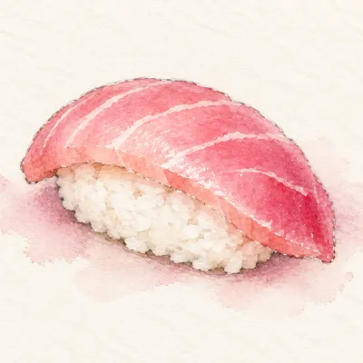Nigiri family watercolor illustration. Hand-pressed oval of sushi rice with a single topping draped over it.