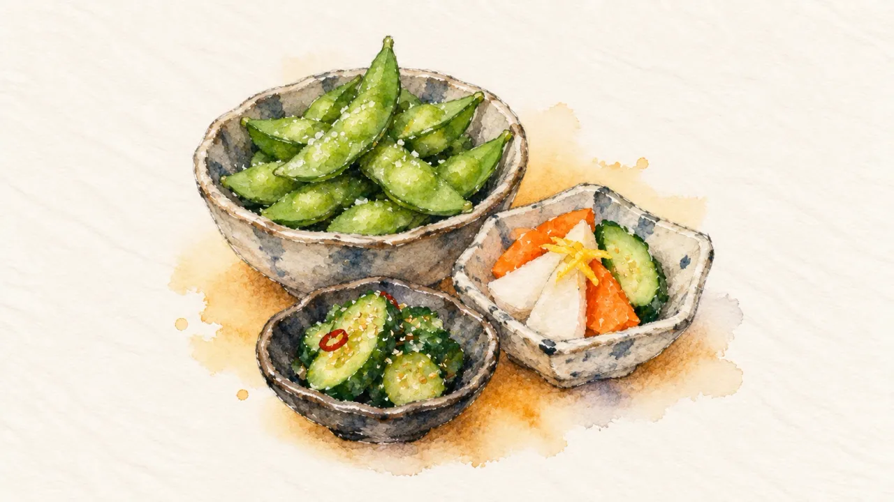 Otsumami family watercolor illustration. Small bar snacks such as edamame or pickles, shown as two or three little dishes.