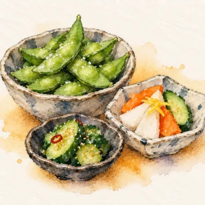 Otsumami family watercolor illustration. Small bar snacks such as edamame or pickles, shown as two or three little dishes.