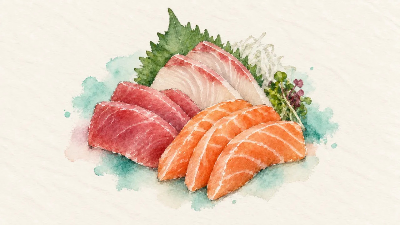 Sashimi family watercolor illustration. Sliced raw fish with no rice, arranged in a fan.