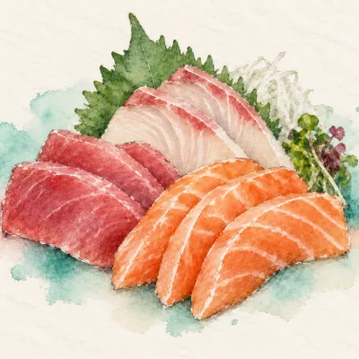 Sashimi family watercolor illustration. Sliced raw fish with no rice, arranged in a fan.