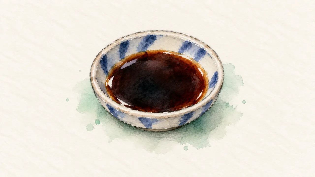 Shoyu family watercolor illustration. Small dish of dark soy sauce or a small pourer; a condiment, not sushi.