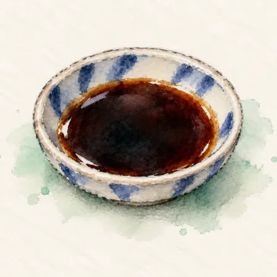 Shoyu family watercolor illustration. Small dish of dark soy sauce or a small pourer; a condiment, not sushi.