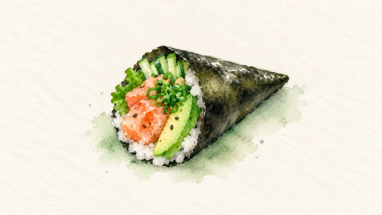 Temaki family watercolor illustration. Hand-rolled cone of nori with filling spilling from the wide end.