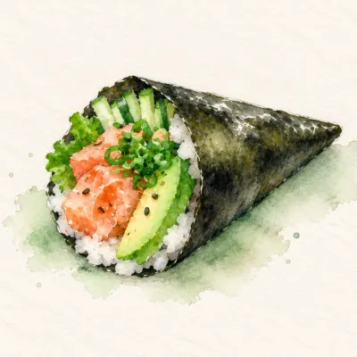 Temaki family watercolor illustration. Hand-rolled cone of nori with filling spilling from the wide end.