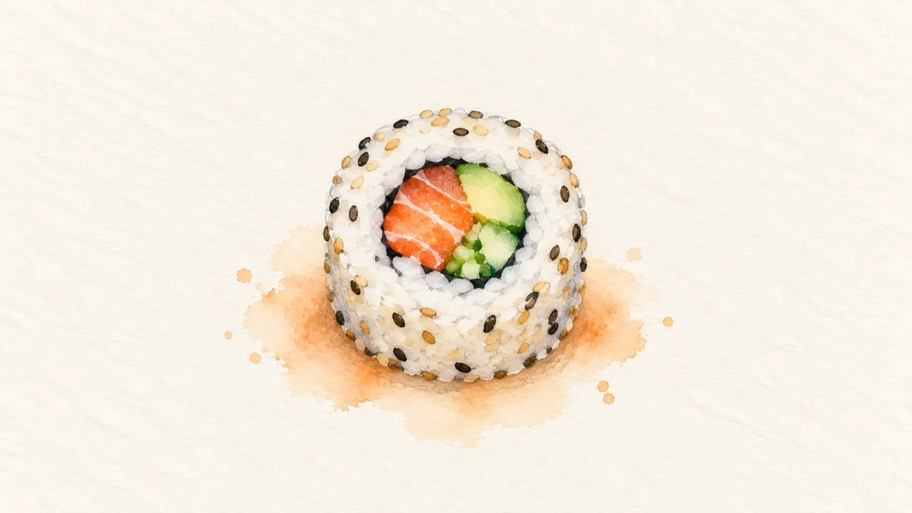 Uramaki family watercolor illustration. Inside-out roll: rice outside, nori within, exterior rolled in sesame or roe.