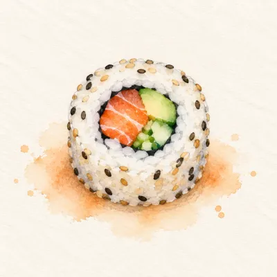 Uramaki family watercolor illustration. Inside-out roll: rice outside, nori within, exterior rolled in sesame or roe.