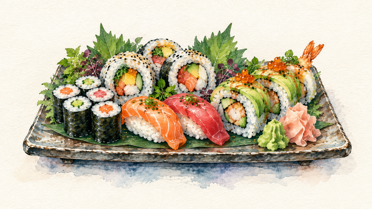 A watercolor sushi platter with thin maki rounds, thick maki rolls, nigiri, and avocado-topped dragon-roll pieces on a ceramic serving board.