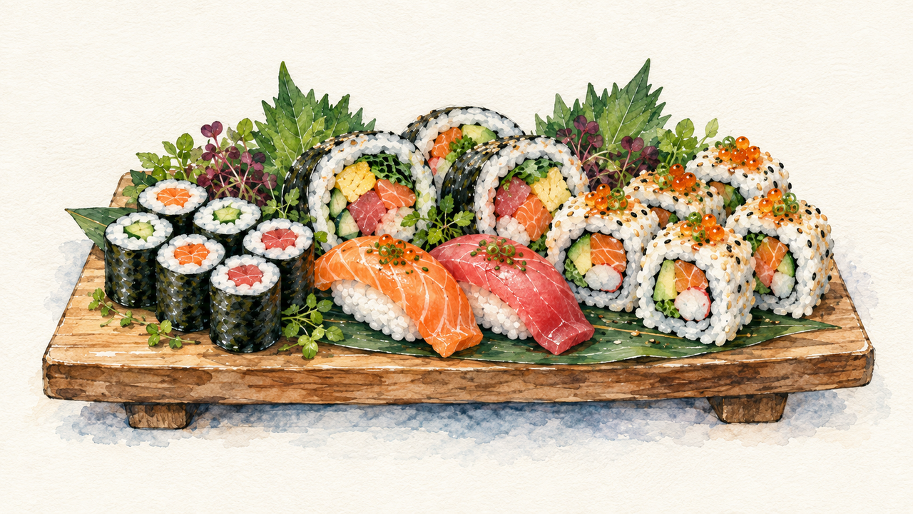 A watercolor sushi platter with hosomaki rounds, broad futomaki rolls, salmon and tuna nigiri, and rice-outside uramaki on a wooden geta board.