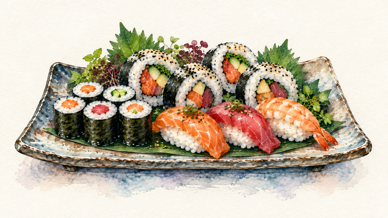 A watercolor platter of thin maki rounds, thick filled maki rolls, and salmon, tuna, and shrimp nigiri on a softly painted ceramic tray.