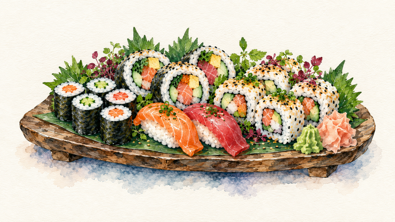 A watercolor sushi assortment with hosomaki, large filled rolls, salmon and tuna nigiri, and sesame-coated rice-outside rolls on a rustic wooden board.