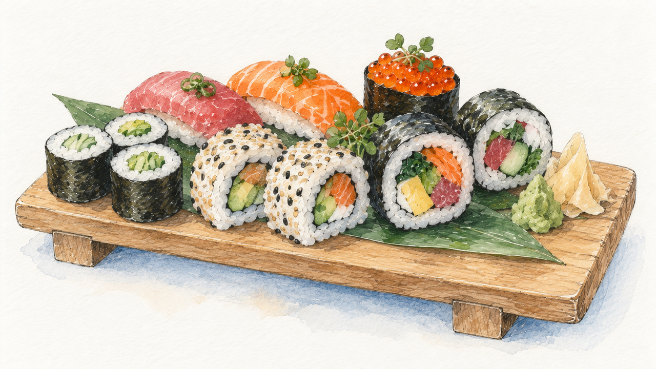 Creative Professional platter, illustrated as an assorted sushi tray in pencil and watercolor.