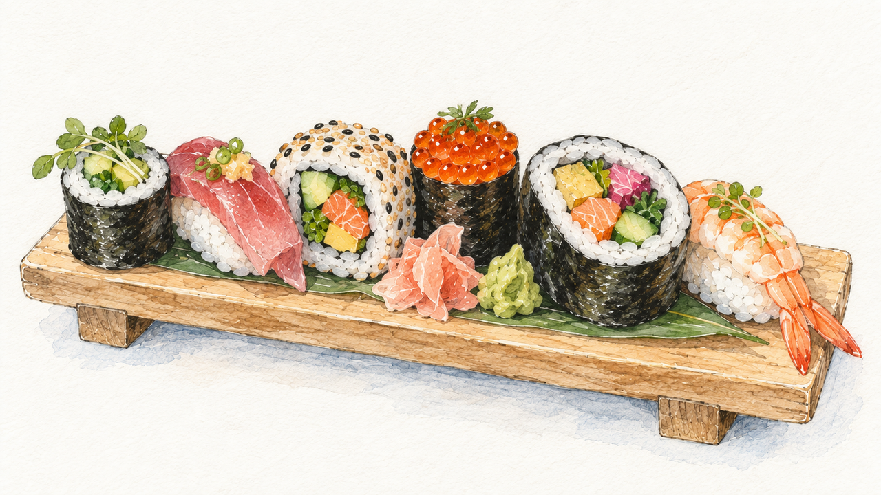 Developer Complete platter, illustrated as an assorted sushi tray in pencil and watercolor.