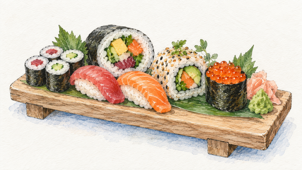 Enterprise Complete platter, illustrated as an assorted sushi tray in pencil and watercolor.