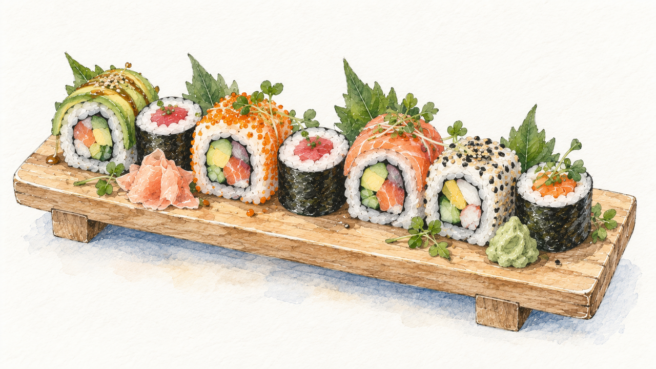 Enterprise Starter platter, illustrated as an assorted sushi tray in pencil and watercolor.