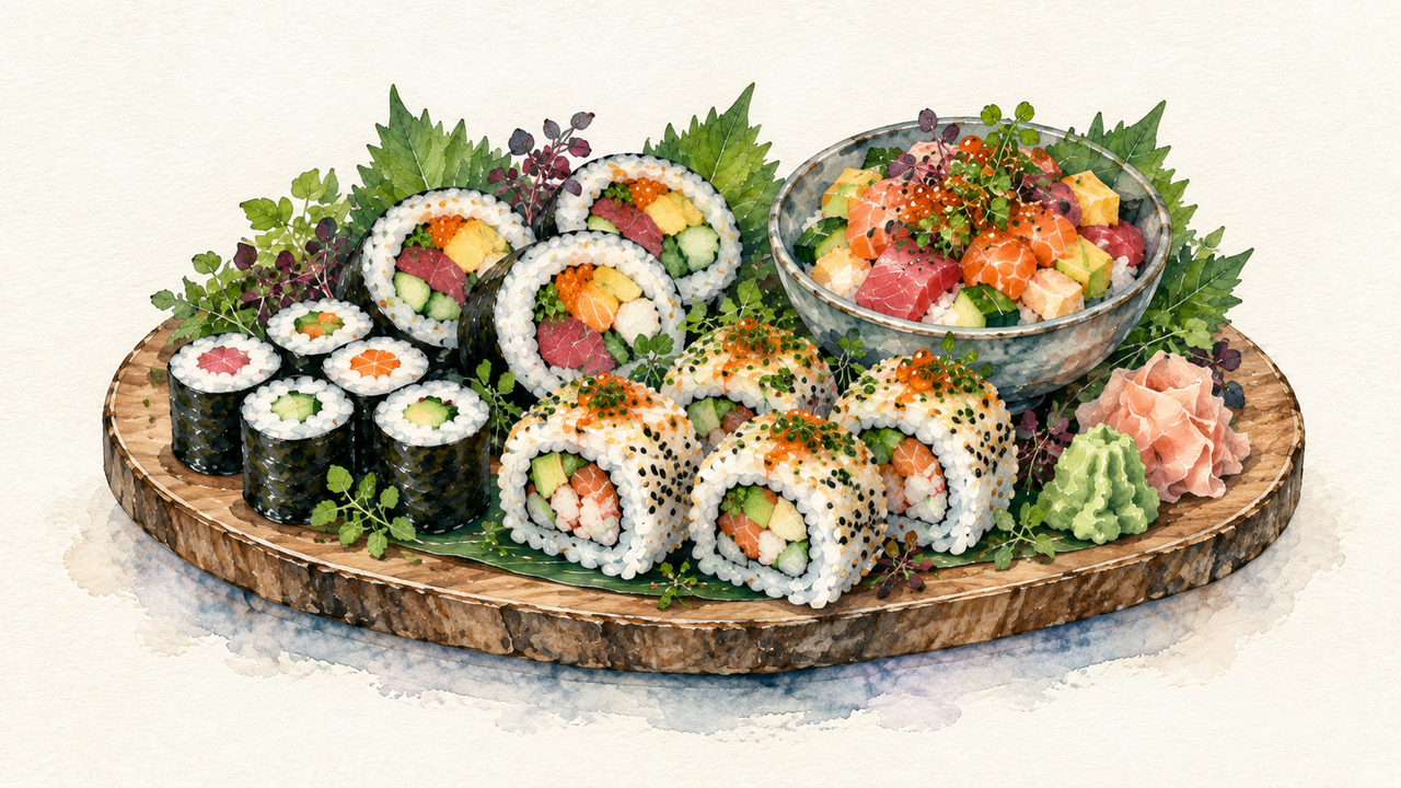 A watercolor sushi feast with hosomaki, futomaki, rice-outside rolls, and a colorful chirashi bowl arranged together on a round wooden board.