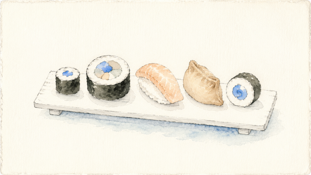 A plain geta board carries exactly five varied sushi pieces in a sparse three-quarter graphite drawing - one thin hosomaki, one thicker mosaic futomaki, one topped nigiri, one folded inari pouch, and a second hosomaki turned to show its spiral - above one soft translucent blue watercolor wash on warm white textured paper.