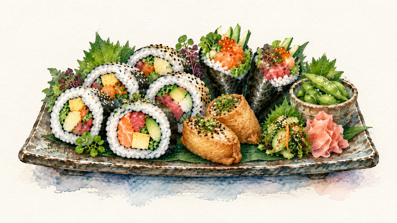 A watercolor platter with thick filled maki, nori-wrapped hand-roll forms, golden inari pouches, and small Japanese bar snacks including edamame.
