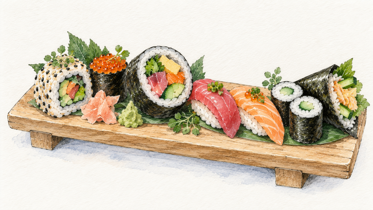 Knowledge Worker platter, illustrated as an assorted sushi tray in pencil and watercolor.