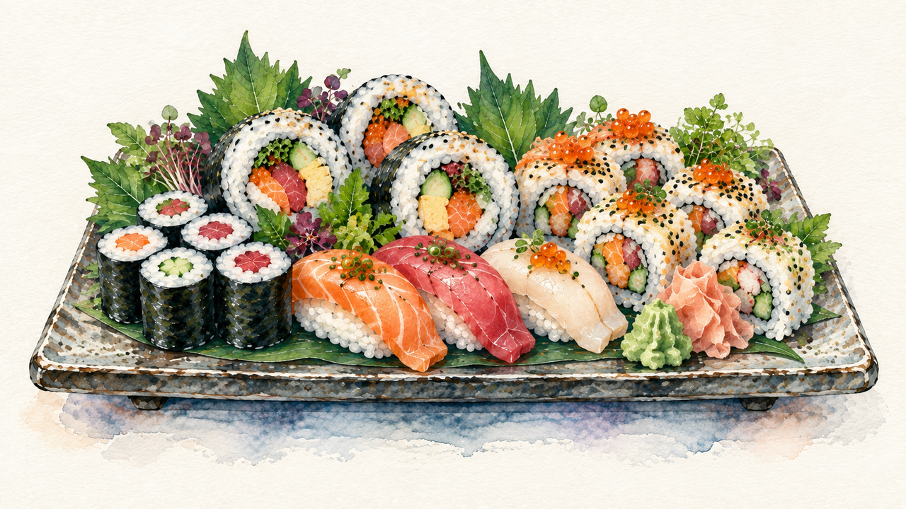A generous watercolor omakase-style assortment with hosomaki, large futomaki, assorted nigiri, and sesame-topped rice-outside rolls on a ceramic platter.