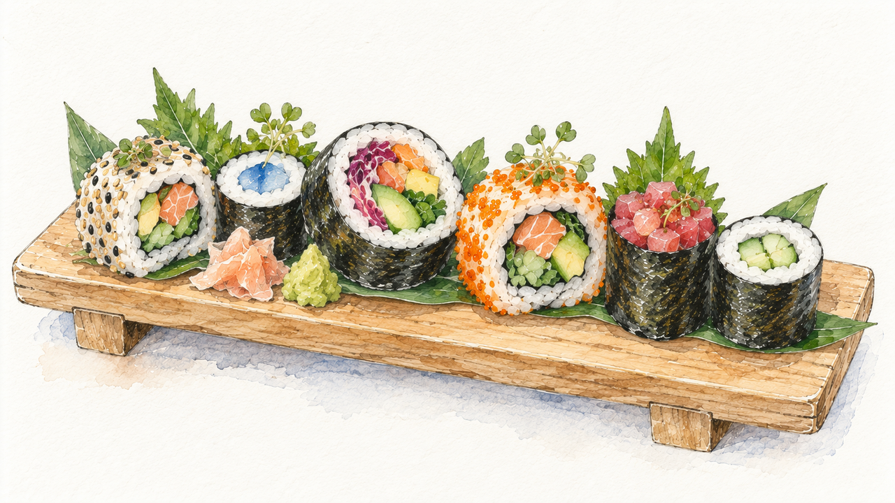 Research Lab platter, illustrated as an assorted sushi tray in pencil and watercolor.