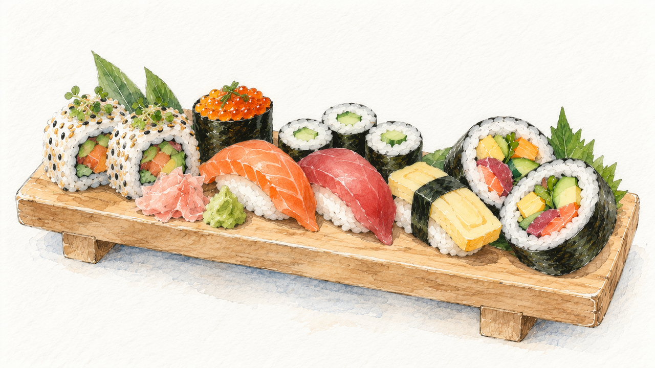 Voice First platter, illustrated as an assorted sushi tray in pencil and watercolor.